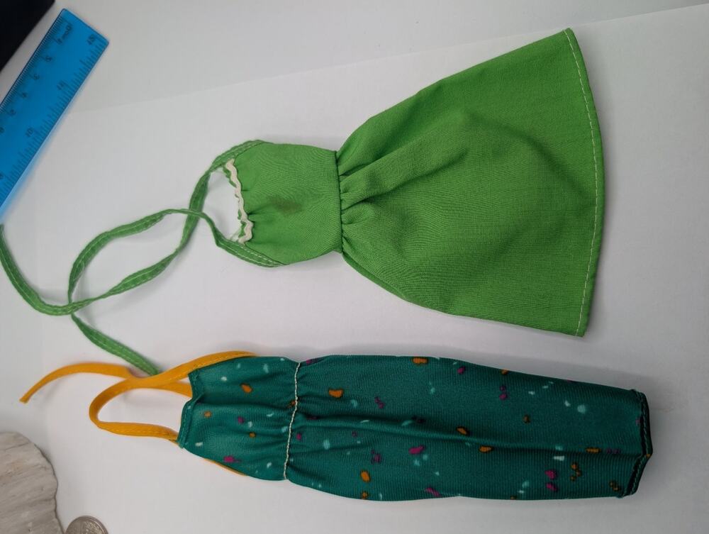 Vintage Barbie Doll Clothes Lot: Green Halter Dress/Apron & Teal Sundress